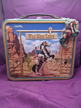 Archie McPhee Wild Mare Ranch Metal Lunchbox with Cowgirl Artwork - Blue/Tan